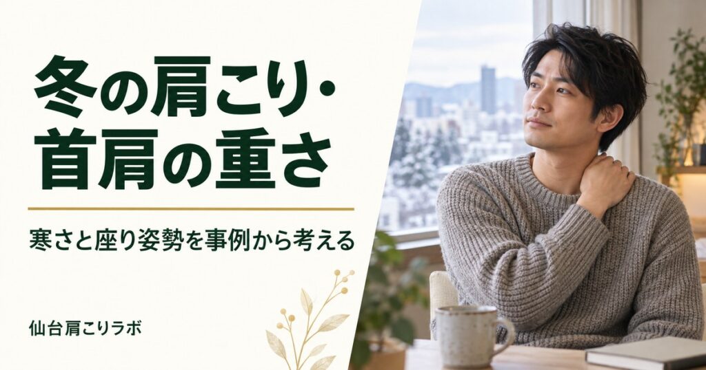 冬の肩こりと首肩の重さについて考える30代男性の生成イメージ