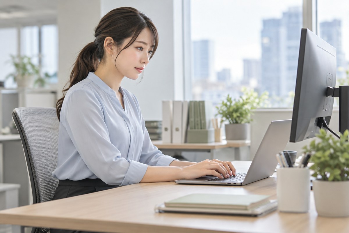 長時間のパソコン作業と座った姿勢を説明する生成イメージ。今回の来院者本人ではありません。