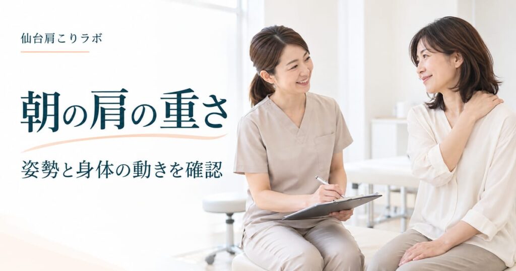 朝の肩の重さについて相談する女性とスタッフのイメージ画像
