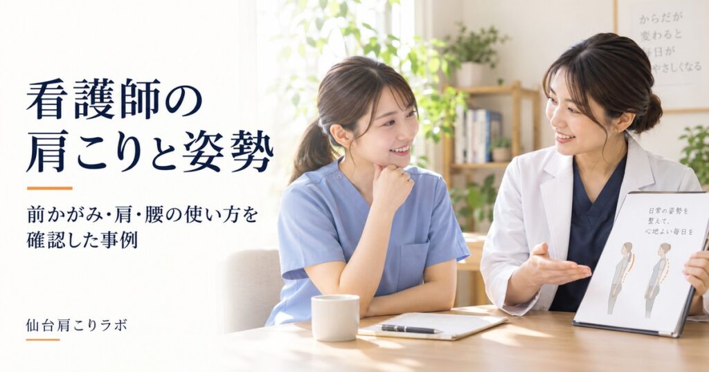 看護師の肩こりと前かがみ姿勢を相談する女性と、スクラブに白衣を着た女性スタッフのイメージ