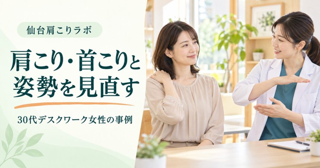 肩こり・首こりと姿勢を相談する30代女性と女性スタッフのイメージ